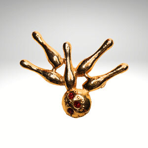 Scatter Pins Gold Tone Metal Bowling Pin Brooch With Red Rhinestones -1.5 Inches